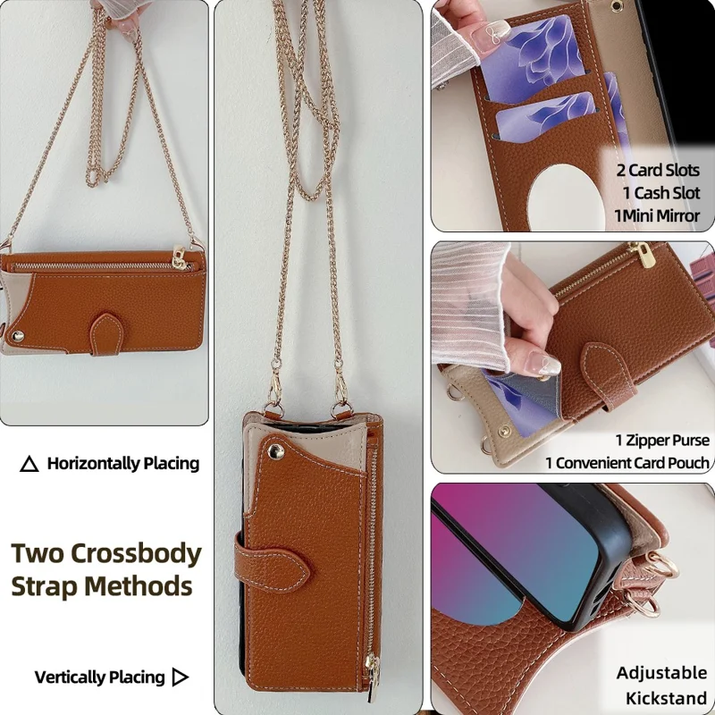 For itel City 200 Leather Case Wallet Stand Cover Irregular Tail Style with Chain Strap - Brown