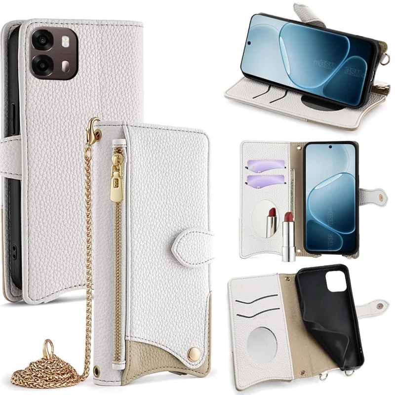 Capa Carteira em Pele para Oppo A6s 4G com Suporte e Alça de Corrente, Estilo Cauda Irregular - Branco