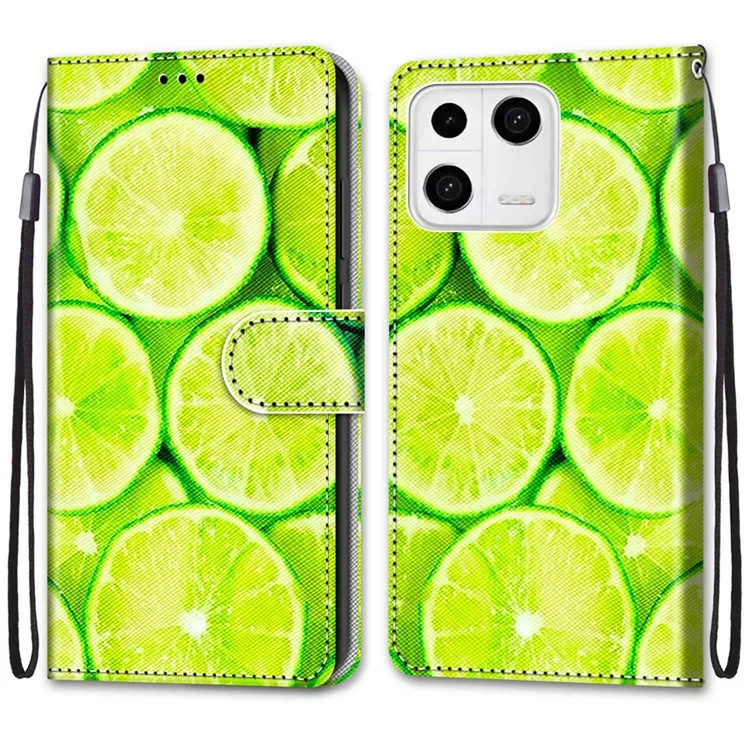 Funda de teléfono con estampado para Xiaomi 13, funda de cartera resistente a arañazos de piel sintética con correa de muñeca y soporte - B02 Limón Verde