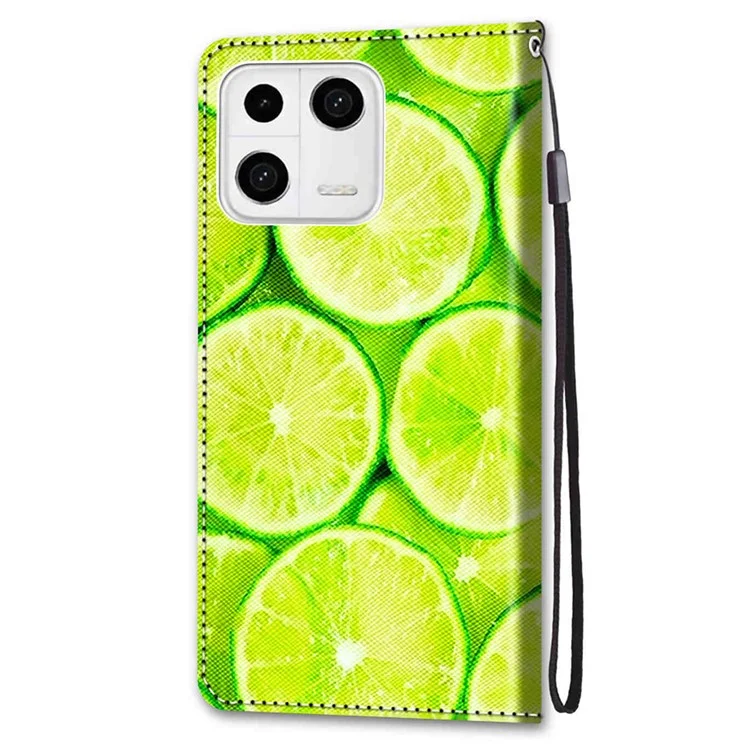 Funda de teléfono con estampado para Xiaomi 13, funda de cartera resistente a arañazos de piel sintética con correa de muñeca y soporte - B02 Limón Verde
