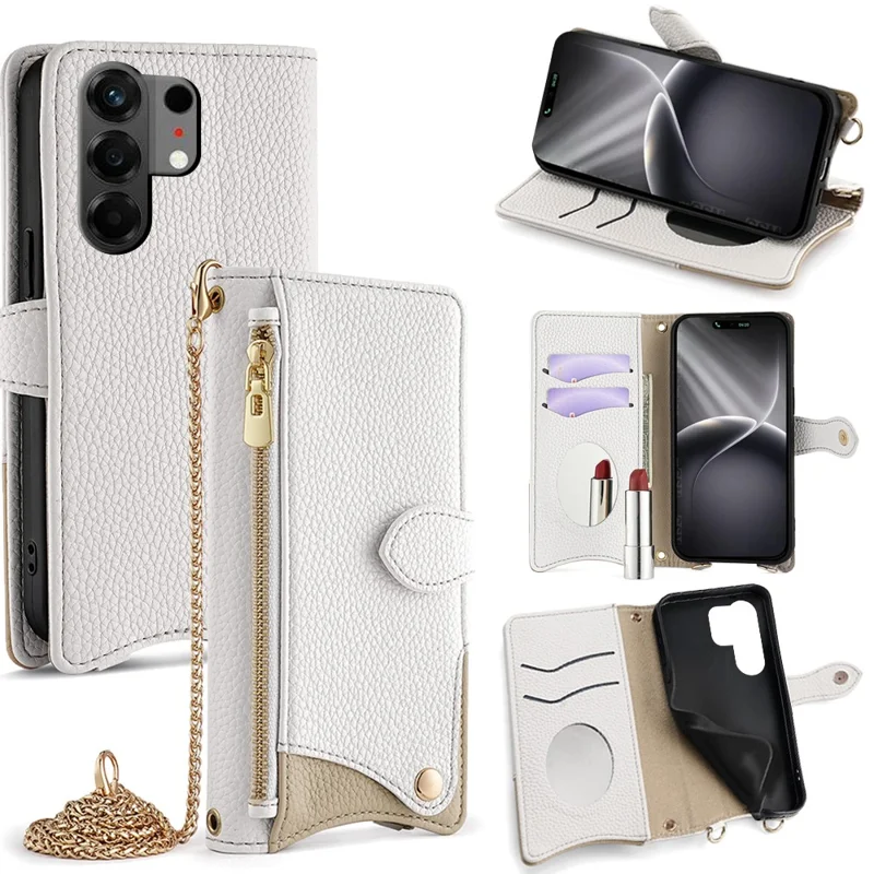 Cover in Pelle per TECNO Camon 50 4G, Custodia Portafoglio con Supporto, Stile Coda Irregolare con Tracolla a Catena - Bianco