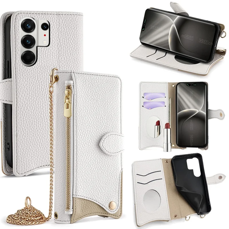 Cover in pelle con portafoglio per TECNO Camon 50 Pro 4G, custodia con supporto e stile a coda irregolare con tracolla a catena - Bianco