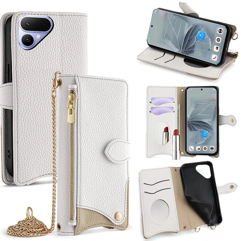 Cover in Pelle per TECNO Pova Curve 2 5G, Custodia Portafoglio con Supporto e Stile di Coda Irregolare con Tracolla a Catena - Bianco