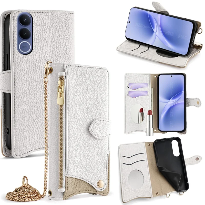 Cover per vivo V70 FE 5G in pelle con portafoglio, supporto e catena stile coda irregolare - Bianco