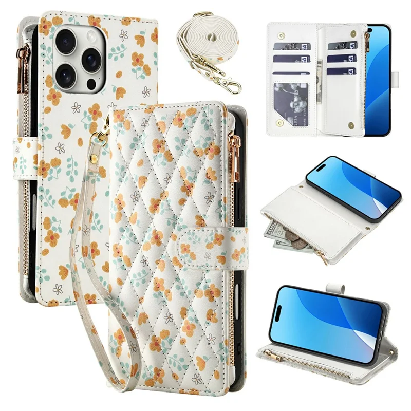 For iPhone 16 Pro Max Leather Case with Wrist Strap   /   Shoulder Strap Rhombic Floral Pattern Zipper Wallet Phone Cover - A3