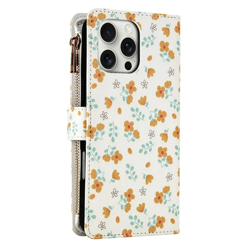 For iPhone 16 Pro Max Leather Case with Wrist Strap   /   Shoulder Strap Rhombic Floral Pattern Zipper Wallet Phone Cover - A3