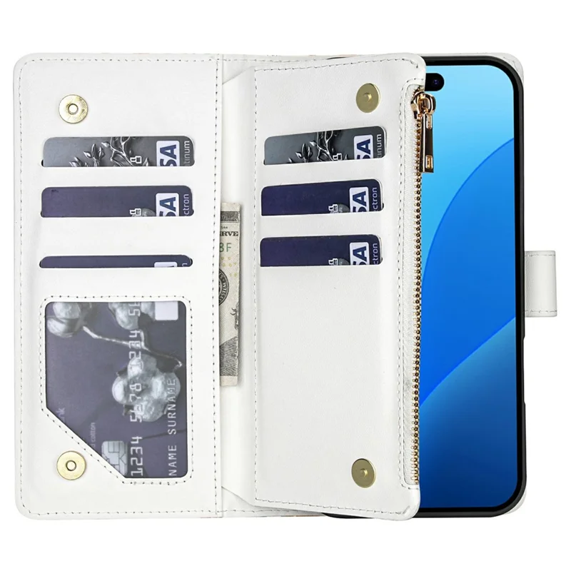 For iPhone 16 Pro Max Leather Case with Wrist Strap   /   Shoulder Strap Rhombic Floral Pattern Zipper Wallet Phone Cover - A3