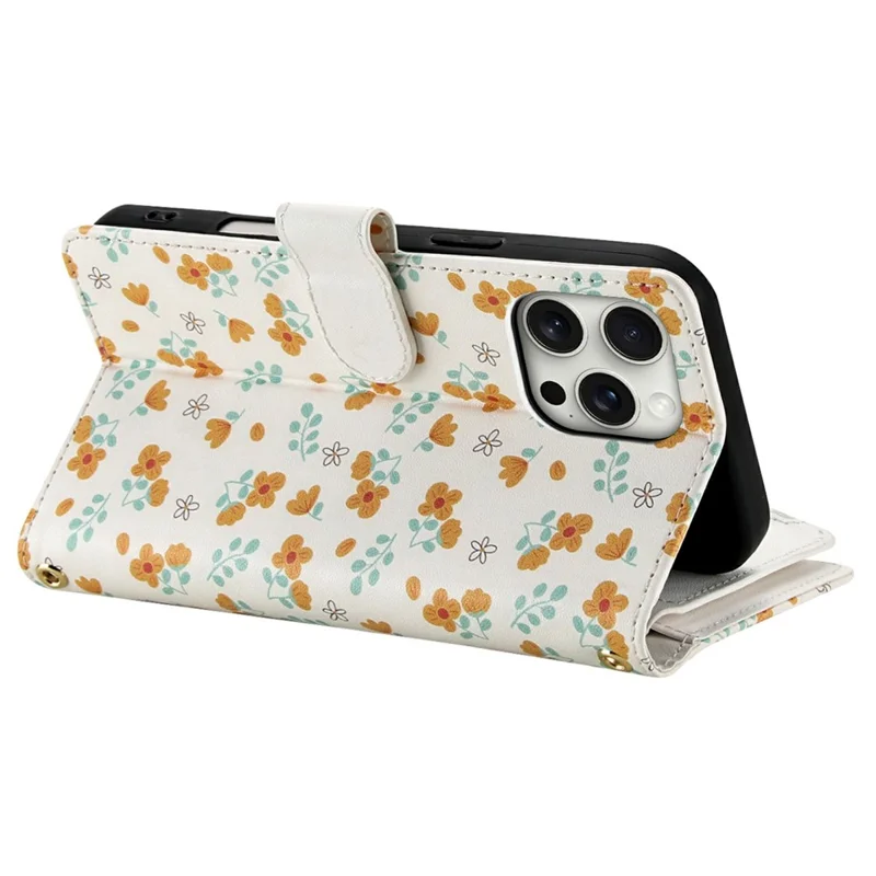 For iPhone 16 Pro Max Leather Case with Wrist Strap   /   Shoulder Strap Rhombic Floral Pattern Zipper Wallet Phone Cover - A3
