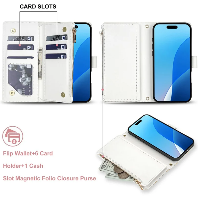 For iPhone 16 Pro Max Leather Case with Wrist Strap   /   Shoulder Strap Rhombic Floral Pattern Zipper Wallet Phone Cover - A3