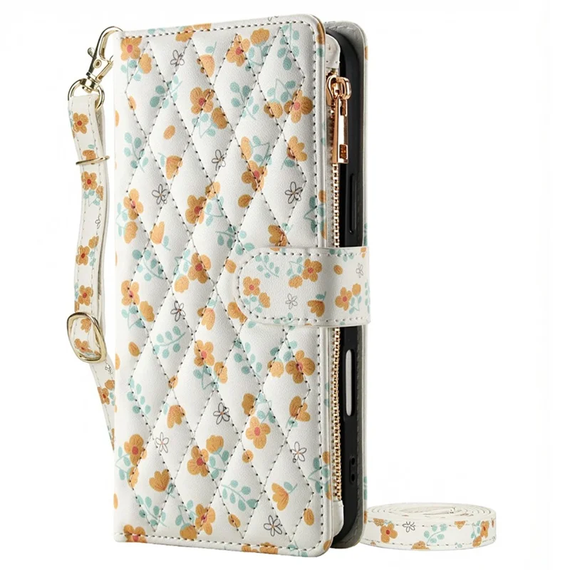 For iPhone 16 Pro Leather Case with Wrist Strap   /   Shoulder Strap Rhombic Floral Pattern Zipper Wallet Phone Cover - A3