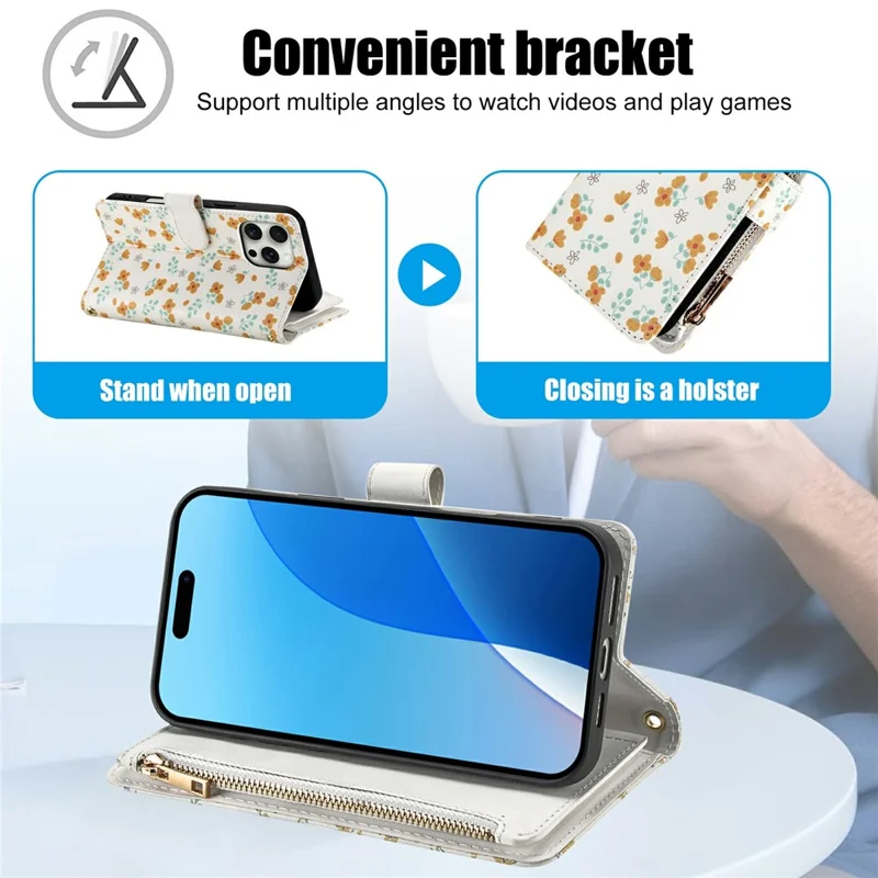 For iPhone 16 Pro Leather Case with Wrist Strap   /   Shoulder Strap Rhombic Floral Pattern Zipper Wallet Phone Cover - A3