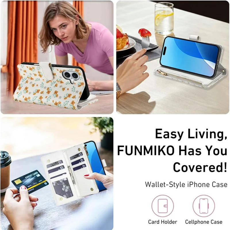 For iPhone 16 Plus Leather Case with Wrist Strap   /   Shoulder Strap Rhombic Floral Pattern Zipper Wallet Phone Cover - A3