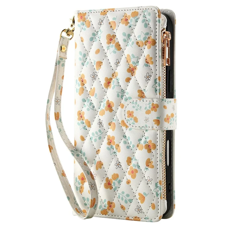 For iPhone 16 Plus Leather Case with Wrist Strap   /   Shoulder Strap Rhombic Floral Pattern Zipper Wallet Phone Cover - A3
