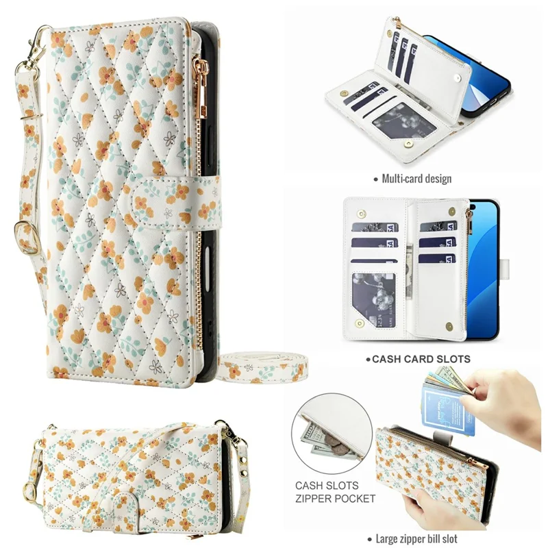 For iPhone 16 Leather Case with Wrist Strap   /   Shoulder Strap Rhombic Floral Pattern Zipper Wallet Phone Cover - A3