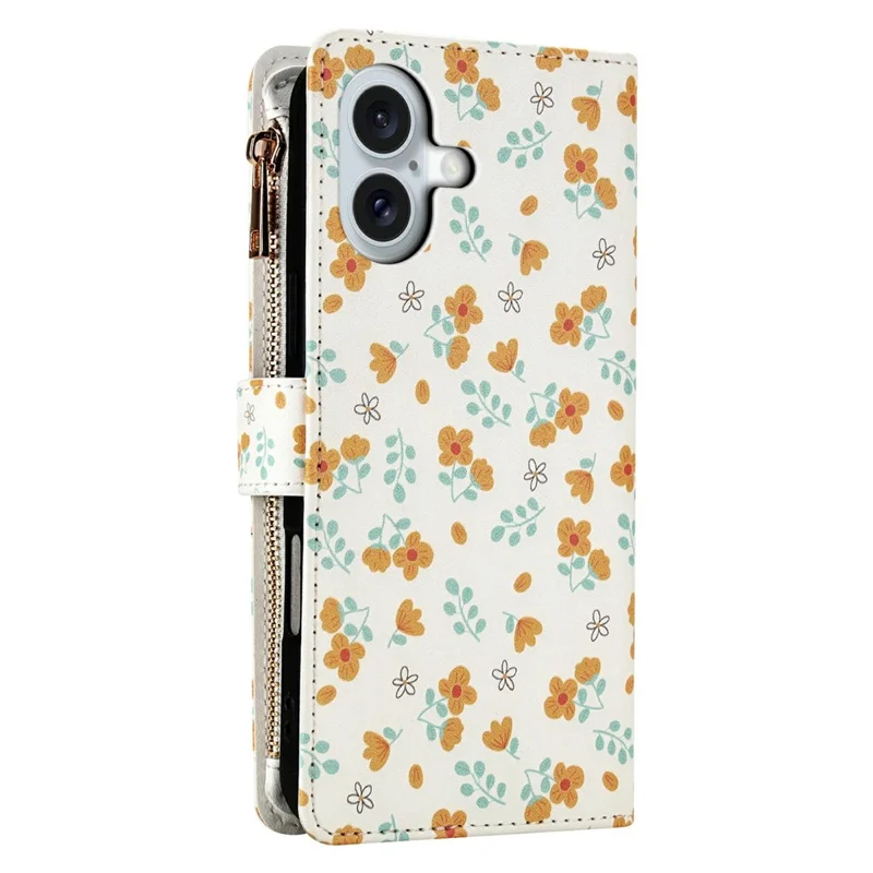 For iPhone 16 Leather Case with Wrist Strap   /   Shoulder Strap Rhombic Floral Pattern Zipper Wallet Phone Cover - A3