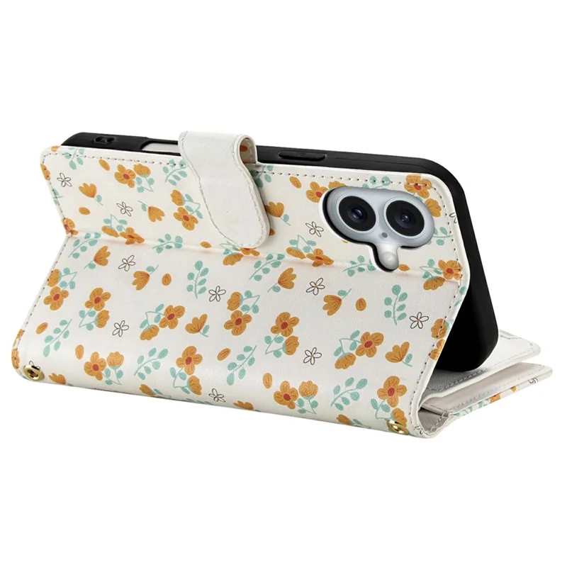 For iPhone 16 Leather Case with Wrist Strap   /   Shoulder Strap Rhombic Floral Pattern Zipper Wallet Phone Cover - A3
