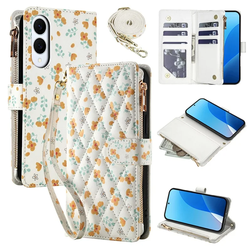 For Samsung Galaxy S25 Edge Leather Case with Wrist Strap   /   Shoulder Strap Rhombic Floral Pattern Zipper Wallet Phone Cover - A3