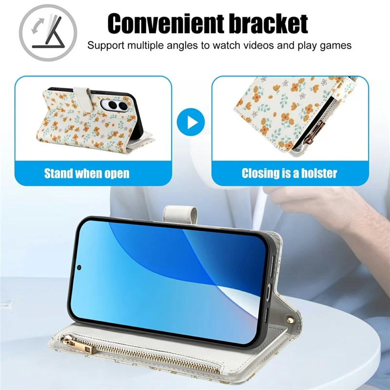For Samsung Galaxy S25 Edge Leather Case with Wrist Strap   /   Shoulder Strap Rhombic Floral Pattern Zipper Wallet Phone Cover - A3