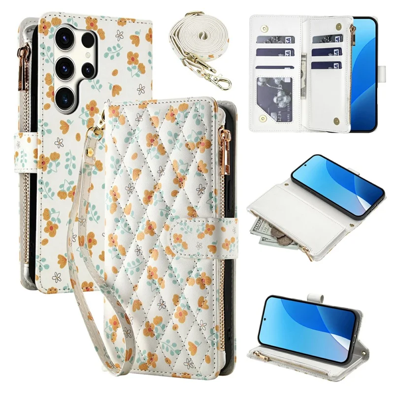 For Samsung Galaxy S25 Ultra Leather Case with Wrist Strap   /   Shoulder Strap Rhombic Floral Pattern Zipper Wallet Phone Cover - A3