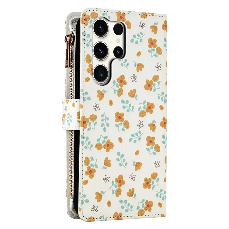 For Samsung Galaxy S25 Ultra Leather Case with Wrist Strap   /   Shoulder Strap Rhombic Floral Pattern Zipper Wallet Phone Cover - A3
