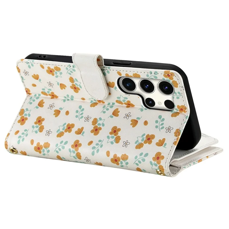 For Samsung Galaxy S25 Ultra Leather Case with Wrist Strap   /   Shoulder Strap Rhombic Floral Pattern Zipper Wallet Phone Cover - A3