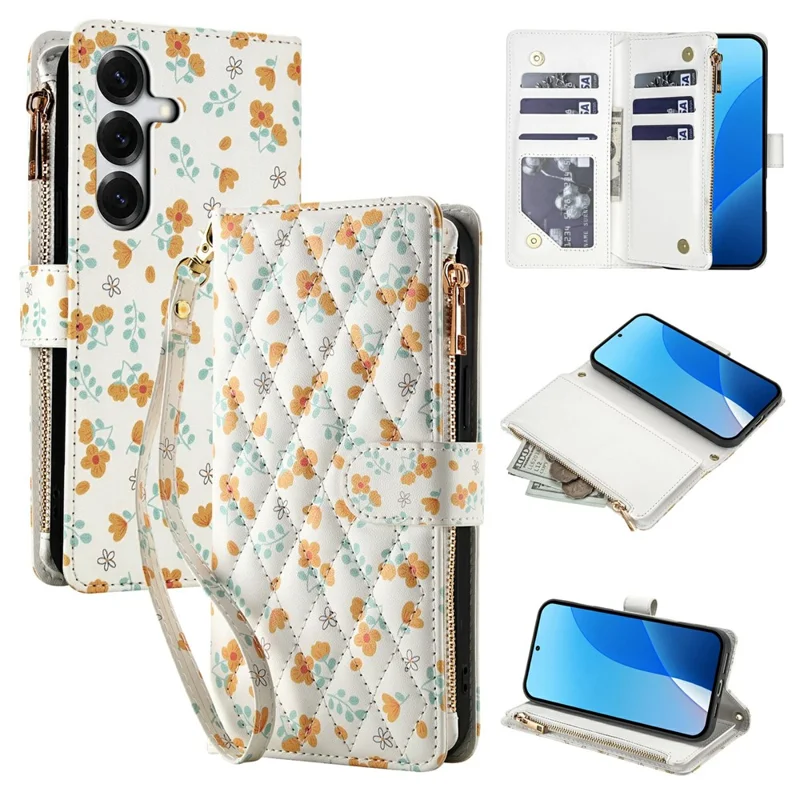 Leather Case For Samsung Galaxy S25+  /  S24+ Rhombic Floral Pattern Zipper Wallet Phone Cover with Wrist Strap   /   Shoulder Strap - A3