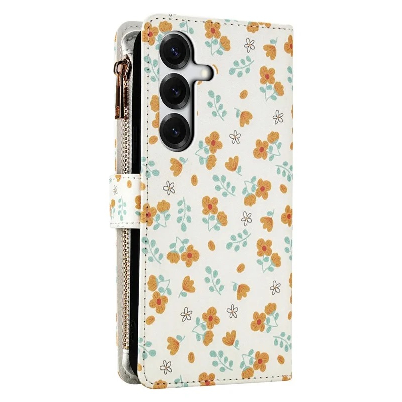 Leather Case For Samsung Galaxy S25+  /  S24+ Rhombic Floral Pattern Zipper Wallet Phone Cover with Wrist Strap   /   Shoulder Strap - A3