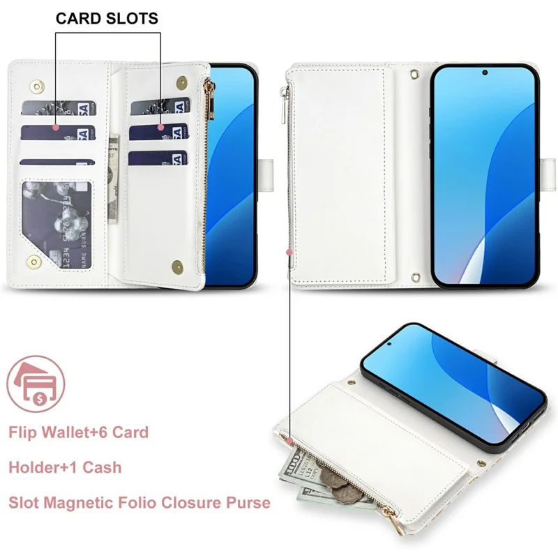 Leather Case For Samsung Galaxy S25+  /  S24+ Rhombic Floral Pattern Zipper Wallet Phone Cover with Wrist Strap   /   Shoulder Strap - A3