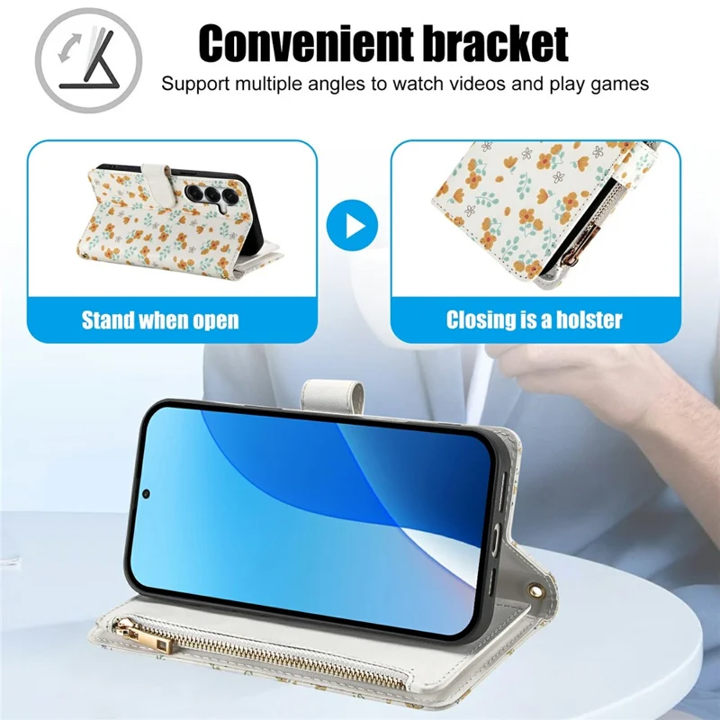 Leather Case For Samsung Galaxy S25+  /  S24+ Rhombic Floral Pattern Zipper Wallet Phone Cover with Wrist Strap   /   Shoulder Strap - A3
