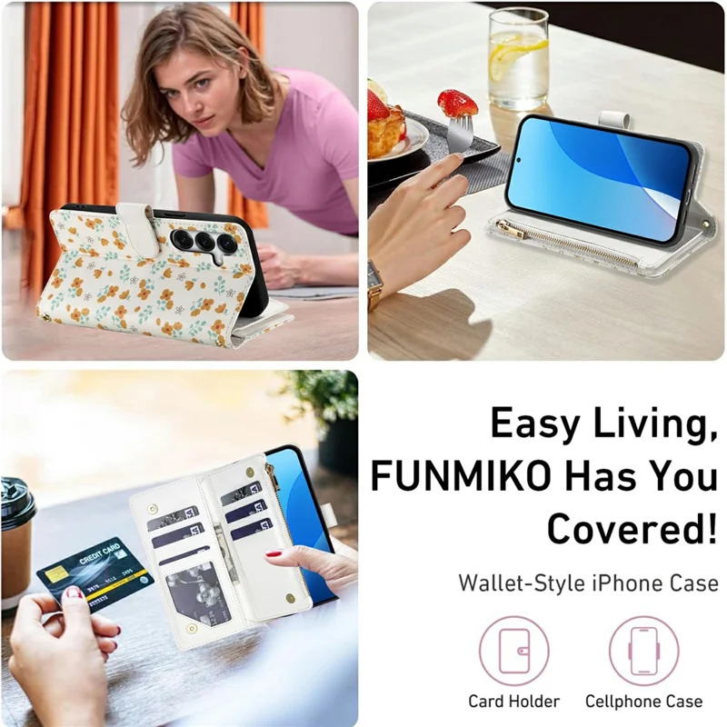 Leather Case For Samsung Galaxy S25  /  S24 Rhombic Floral Pattern Zipper Wallet Phone Cover with Wrist Strap   /   Shoulder Strap - A3