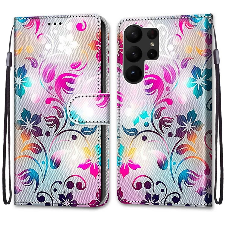 Étui de Téléphone de Portefeuille Pour Samsung Galaxy S23 Ultra Protective Stand Case Motif Imprimer PU Leather Folio Flip Couvercle Avec Sangle - Fleur Colorée de Gradient B07