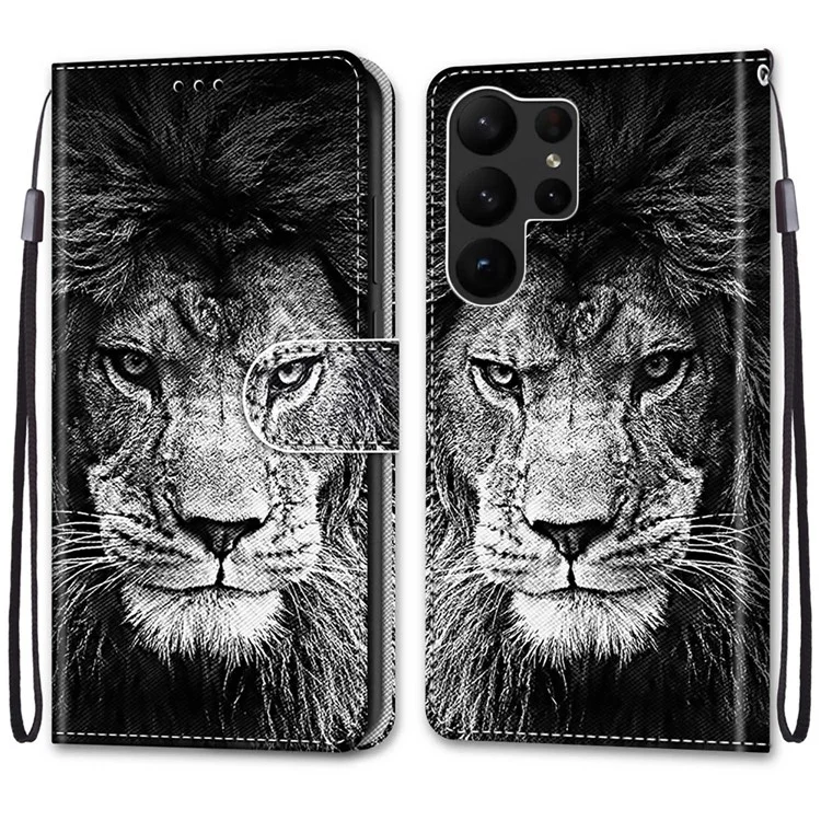 Étui de Téléphone de Portefeuille Pour Samsung Galaxy S23 Ultra Protective Stand Case Motif Imprimer PU Leather Folio Flip Couvercle Avec Sangle - B11 Black White Lion Head