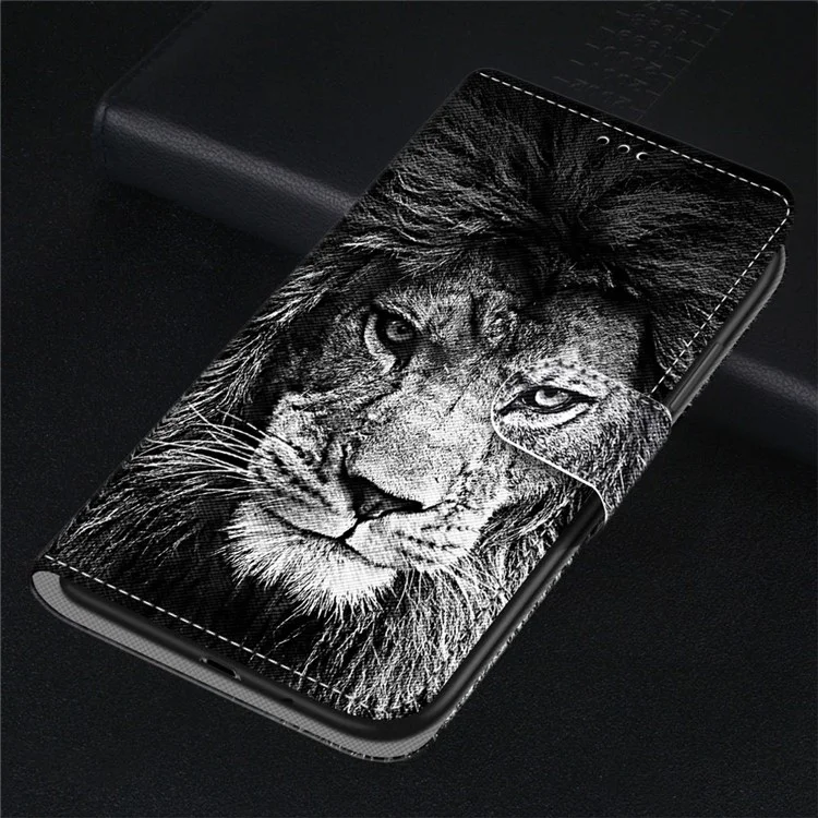 Étui de Téléphone de Portefeuille Pour Samsung Galaxy S23 Ultra Protective Stand Case Motif Imprimer PU Leather Folio Flip Couvercle Avec Sangle - B11 Black White Lion Head