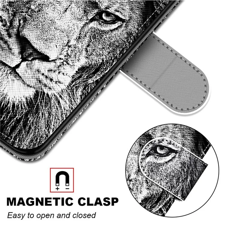 Étui de Téléphone de Portefeuille Pour Samsung Galaxy S23 Ultra Protective Stand Case Motif Imprimer PU Leather Folio Flip Couvercle Avec Sangle - B11 Black White Lion Head