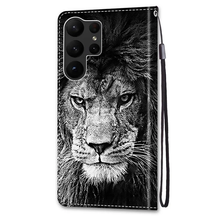 Étui de Téléphone de Portefeuille Pour Samsung Galaxy S23 Ultra Protective Stand Case Motif Imprimer PU Leather Folio Flip Couvercle Avec Sangle - B11 Black White Lion Head