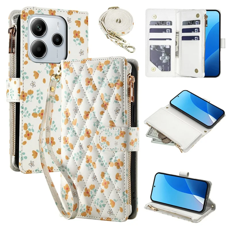 Leather Case For Xiaomi Redmi Note 14 5G  /  Poco M7 Pro 5G Rhombic Floral Pattern Zipper Wallet Phone Cover with Wrist Strap   /   Shoulder Strap - A3