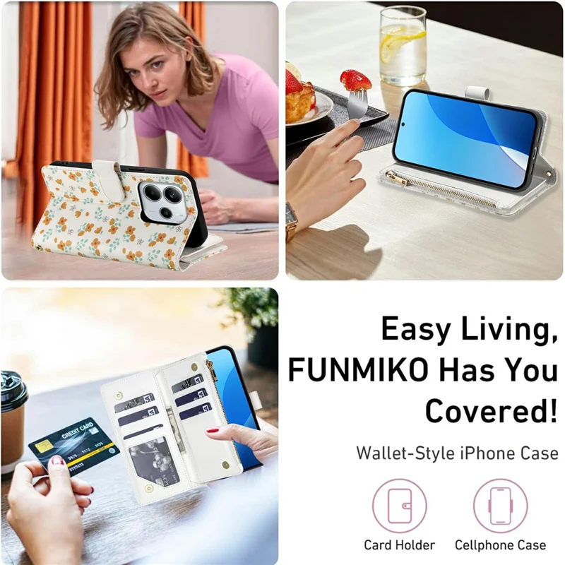 Leather Case For Xiaomi Redmi Note 14 5G  /  Poco M7 Pro 5G Rhombic Floral Pattern Zipper Wallet Phone Cover with Wrist Strap   /   Shoulder Strap - A3