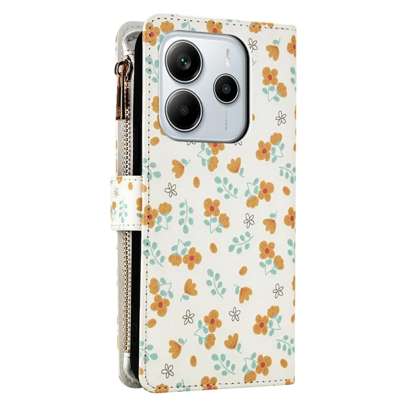 Leather Case For Xiaomi Redmi Note 14 5G  /  Poco M7 Pro 5G Rhombic Floral Pattern Zipper Wallet Phone Cover with Wrist Strap   /   Shoulder Strap - A3