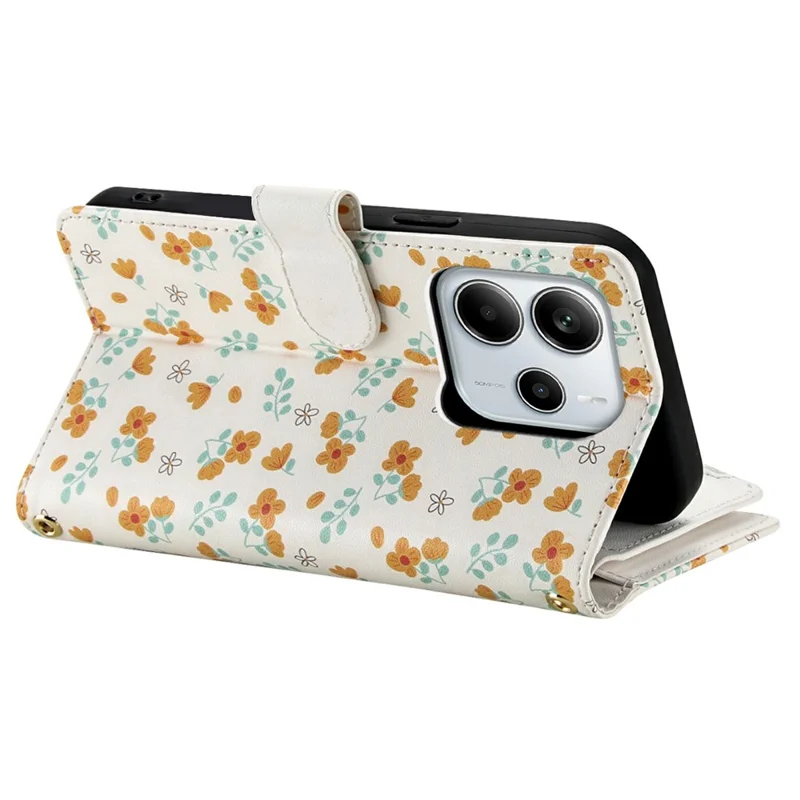 Leather Case For Xiaomi Redmi Note 14 5G  /  Poco M7 Pro 5G Rhombic Floral Pattern Zipper Wallet Phone Cover with Wrist Strap   /   Shoulder Strap - A3