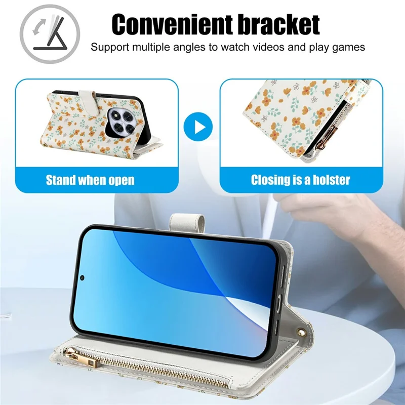 For Xiaomi Redmi Note 14 Pro 4G Leather Case with Wrist Strap   /   Shoulder Strap Rhombic Floral Pattern Zipper Wallet Phone Cover - A3