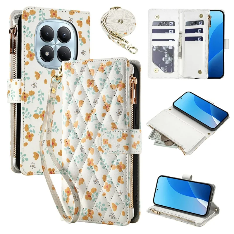 For Xiaomi Redmi Note 15 Pro 4G (Global) Leather Case with Wrist Strap   /   Shoulder Strap Rhombic Floral Pattern Zipper Wallet Phone Cover - A3