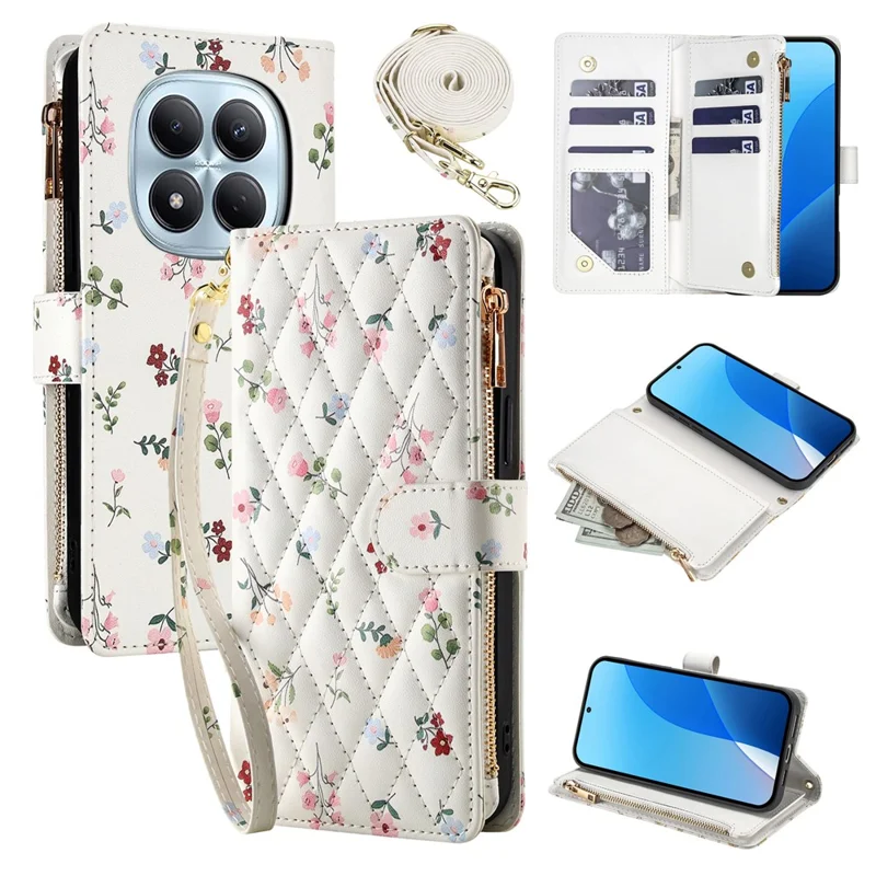 Leather Case For Xiaomi Redmi Note 15 Pro+ 5G (Global)  /  Poco M8 Pro 5G Rhombic Floral Pattern Zipper Wallet Phone Cover with Wrist Strap   /   Shoulder Strap - A3