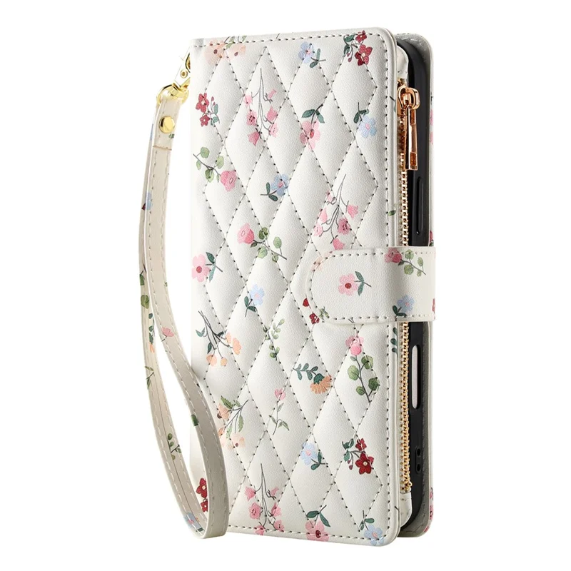 Leather Case For Xiaomi Redmi Note 15 Pro+ 5G (Global)  /  Poco M8 Pro 5G Rhombic Floral Pattern Zipper Wallet Phone Cover with Wrist Strap   /   Shoulder Strap - A3