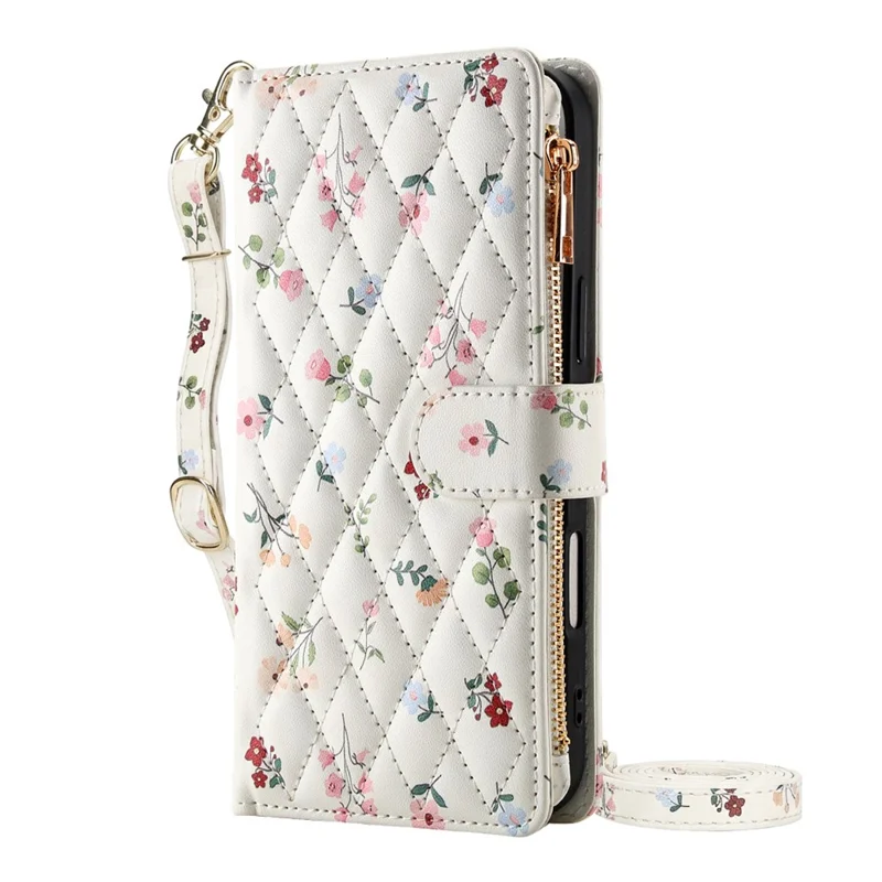 Leather Case For Xiaomi Redmi Note 15 Pro+ 5G (Global)  /  Poco M8 Pro 5G Rhombic Floral Pattern Zipper Wallet Phone Cover with Wrist Strap   /   Shoulder Strap - A3