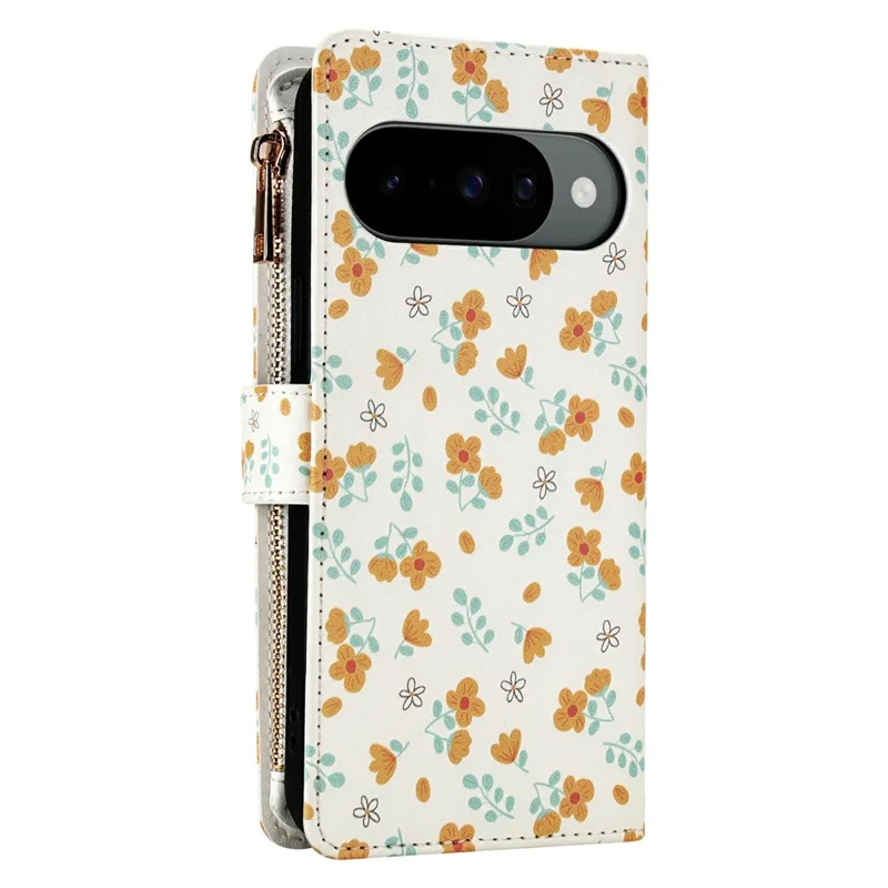 Leather Case For Google Pixel 10  /  10 Pro  /  9  /  9 Pro Rhombic Floral Pattern Zipper Wallet Phone Cover with Wrist Strap   /   Shoulder Strap - A3