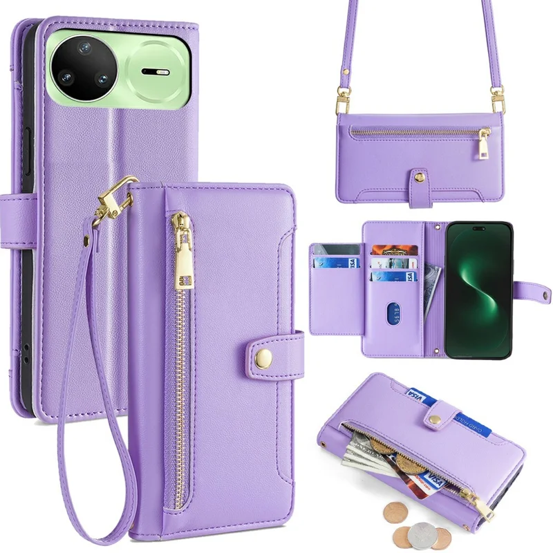 For Huawei nova 15 Pro 5G Leather Case Zipper Pocket Wallet Phone Cover with 2 Straps - Purple