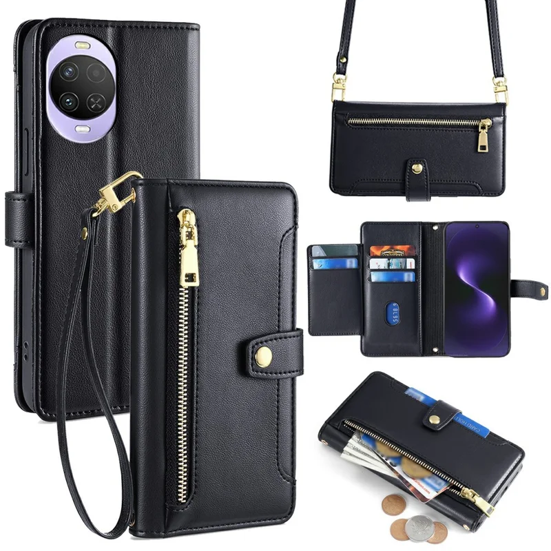 For Huawei nova 15 5G Leather Case Zipper Pocket Wallet Phone Cover with 2 Straps - Black