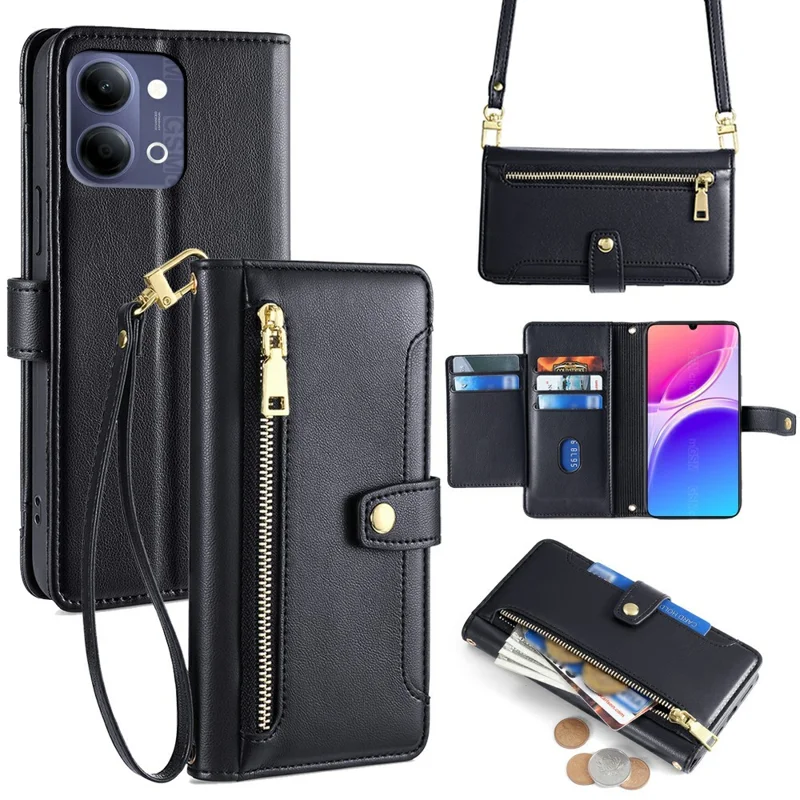 For vivo Y05 4G Leather Case Zipper Pocket Wallet Phone Cover with 2 Straps - Black