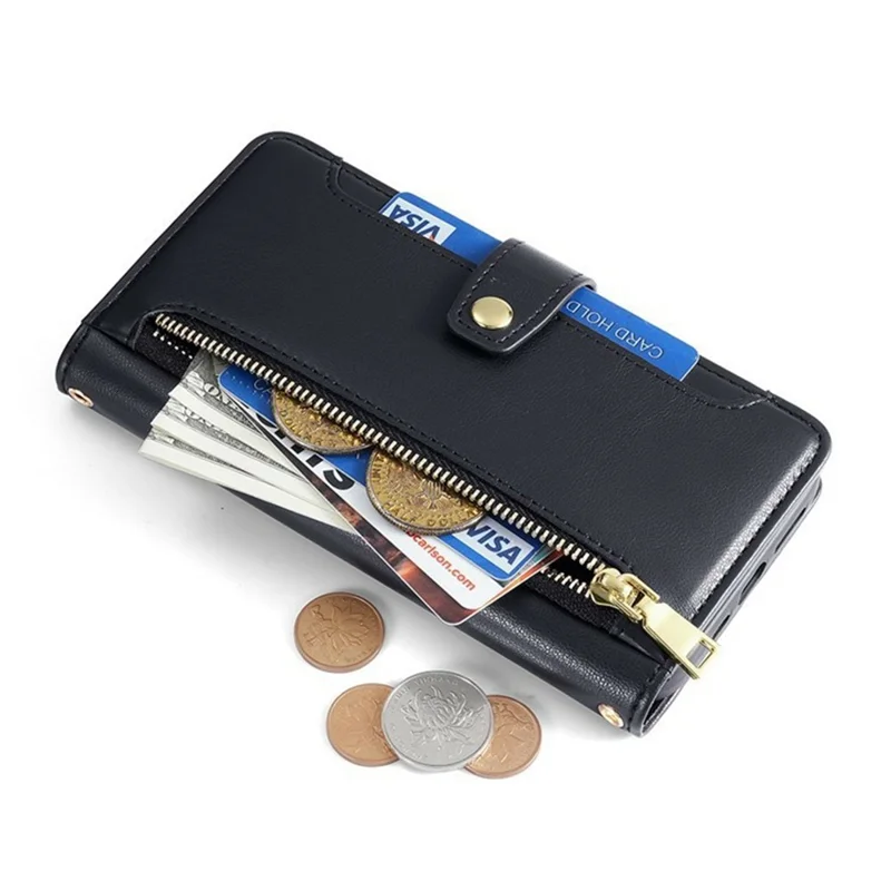 For vivo Y05 4G Leather Case Zipper Pocket Wallet Phone Cover with 2 Straps - Black