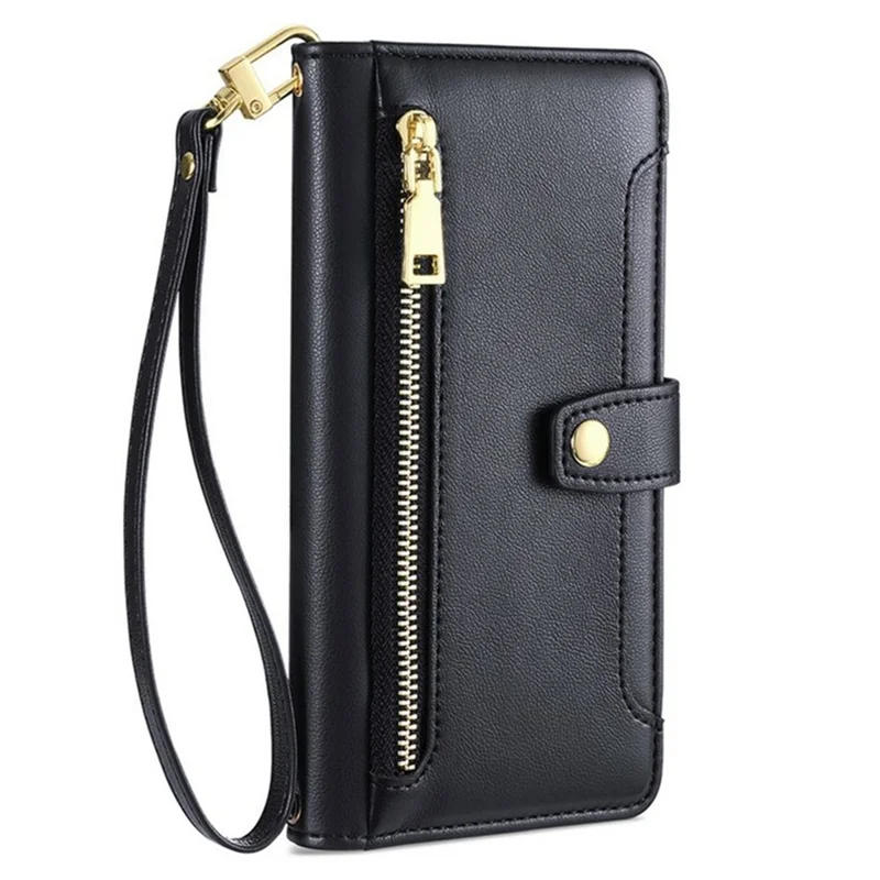 For vivo Y05 4G Leather Case Zipper Pocket Wallet Phone Cover with 2 Straps - Black